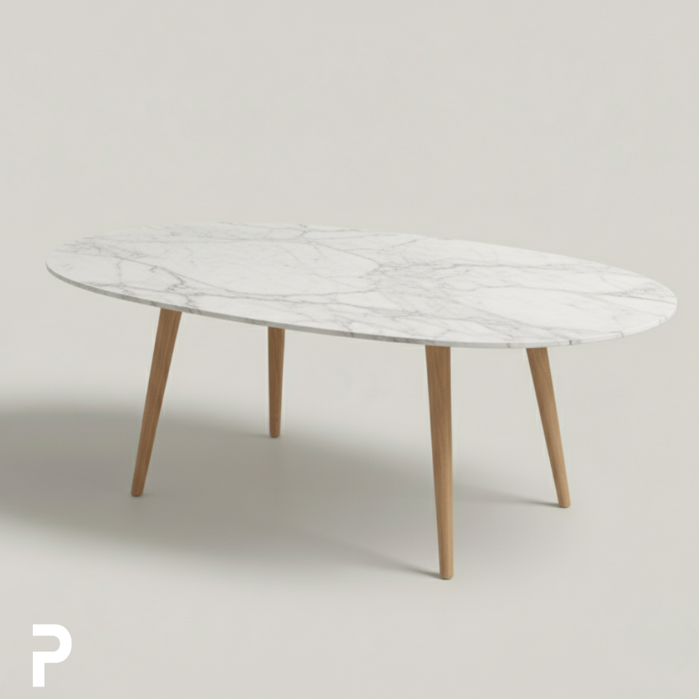 BASIC Oval Ahşap 4'lü Carrara Beyaz Mermer Masa