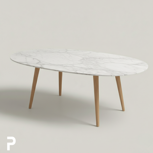 BASIC Oval Ahşap 4'lü Carrara Beyaz Mermer Masa