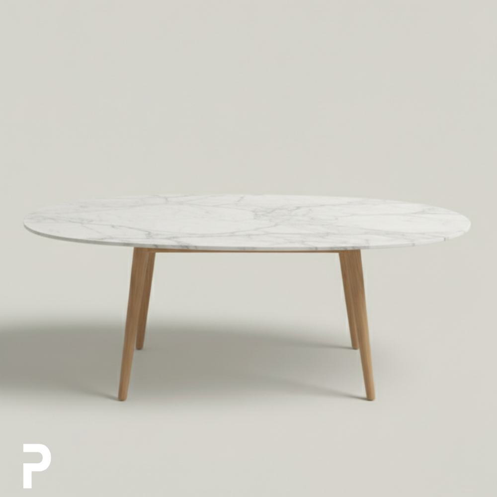 BASIC Oval Ahşap 4'lü Carrara Beyaz Mermer Masa