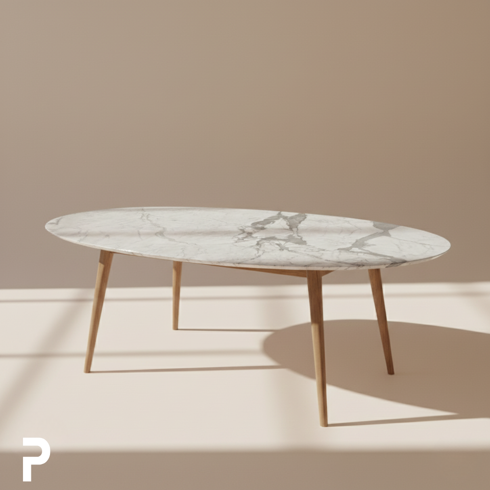 BASIC Oval Ahşap 4'lü Carrara Beyaz Mermer Masa