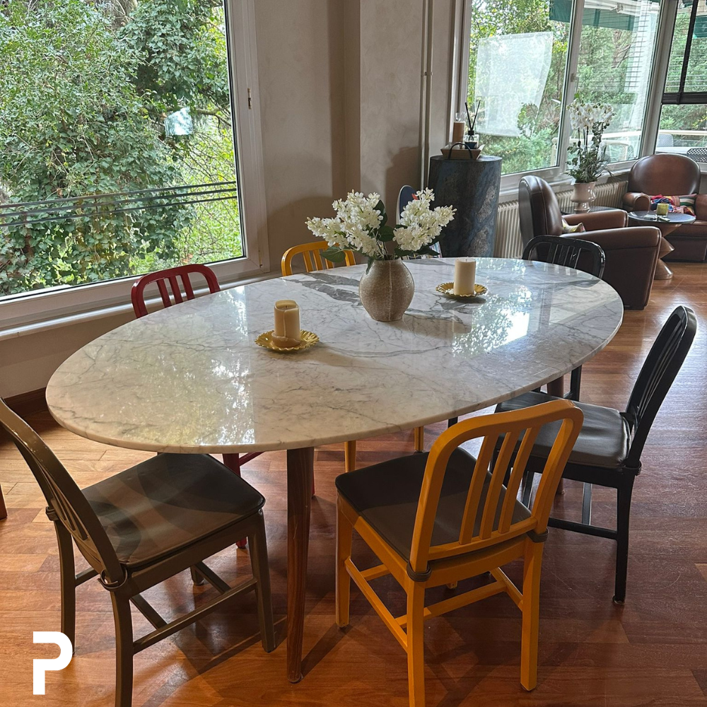 BASIC Oval Ahşap 4'lü Carrara Beyaz Mermer Masa