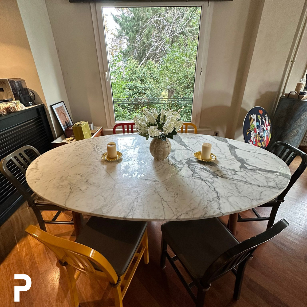 BASIC Oval Ahşap 4'lü Carrara Beyaz Mermer Masa