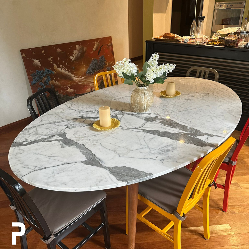 BASIC Oval Ahşap 4'lü Carrara Beyaz Mermer Masa