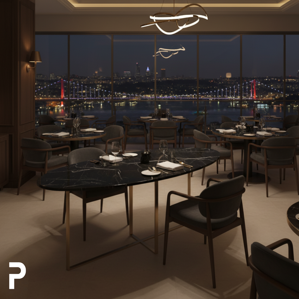 BASIC Oval Pirinç TLEG Siyah Mermer Masa