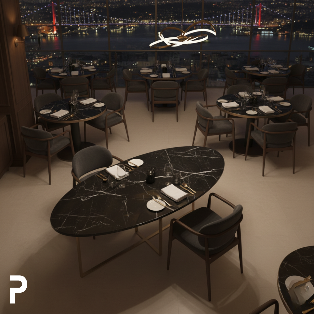 BASIC Oval Pirinç TLEG Siyah Mermer Masa