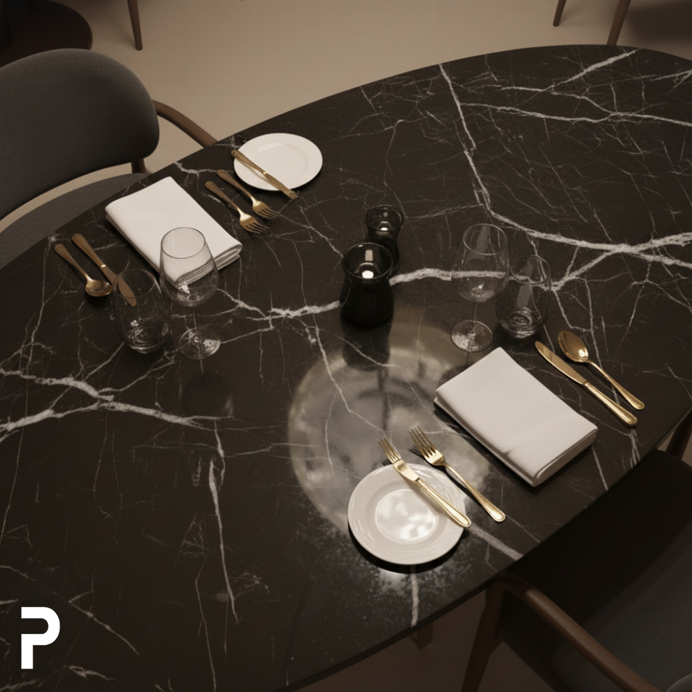 BASIC Oval Pirinç TLEG Siyah Mermer Masa