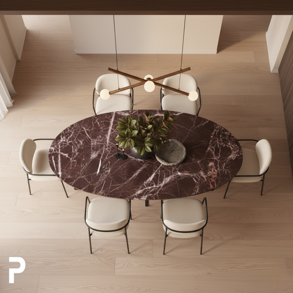 BASIC Oval Siyah TLEG Vişne Mermer Masa