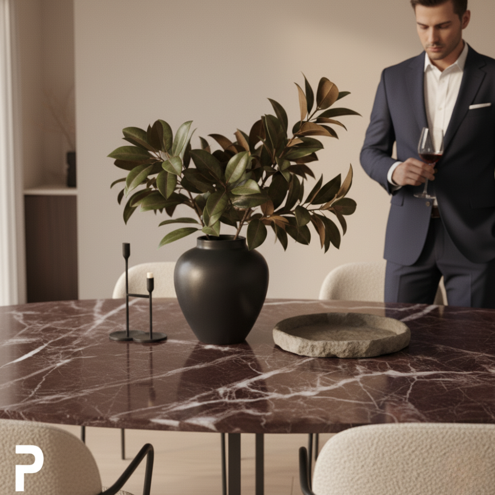 BASIC Oval Siyah TLEG Vişne Mermer Masa